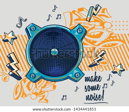 Funky drawn loudspeaker and notes, musical design