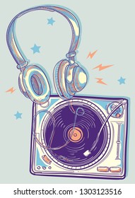 Funky drawn turntable and headphones