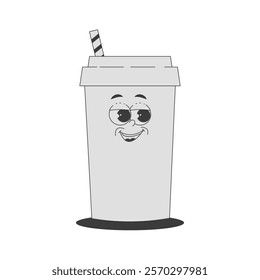 Funky drink glass character with straw in trendy retro groovy style. Psychedelic fast food mascot with face. Cool vector sticker in black monochrome palette 