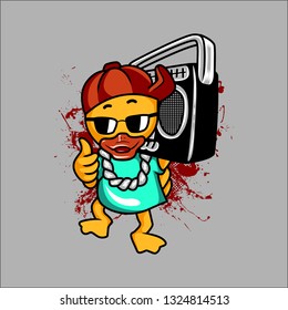 funky duck bringing vintage radio cartoon vector illustration