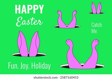 Funky Easter banner template design. Funny Whimsical jumping Easter Bunny. Perfect neo-psychedelic Easter vector illustration. EPS 10