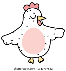 Funky Easter hen in bright spring colors. Big chicken with wings, cockerel, beak and closed eyes. Happy animal character in modern design with sprinkled pattern in Nordic or Scandinavian style. Vector