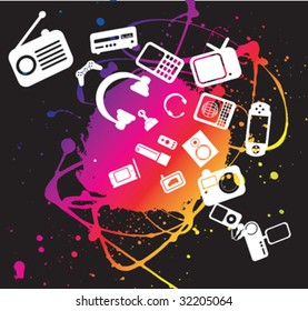 funky electronic gadget illustration including paint grunge splash