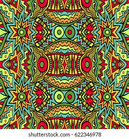 Funky ethnic pattern in bright colors. Abstract seamless tribal ornament. Repeatable background design. Tile able fancy backdrop. Aztec style inspired art. Vector illustration.