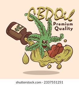 la hierba funky de cara sale de la mascota estilo retro de botellas de aceite del CBD. iluminación de vector de mascota de estilo cannabis vintage