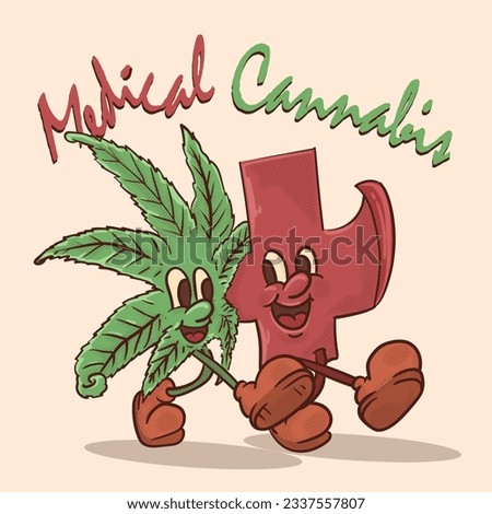 funky face weed friends with medic symbol for medical cannabis cannabis retro mascot. vintage style mascot vector illutration