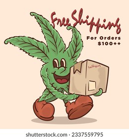 funky cara maleza sosteniendo el paquete de entrega para la mascota retro de envío gratis.  iluminación de vector de mascota de estilo cannabis vintage
