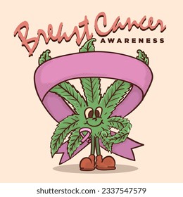hierba de cara divertida dentro de la cinta rosada para mascota retro de la conciencia del cáncer de mama. iluminación de vector de mascota de estilo cannabis vintage