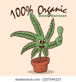 funky cara maleza en el pulgar del jarrón para mascota 100% orgánica. iluminación de vector de mascota de estilo cannabis vintage
