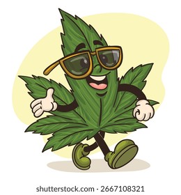 Mascota de estilo retro de paseo de hierba de cara funky. mascota de estilo vintage de cannabis.