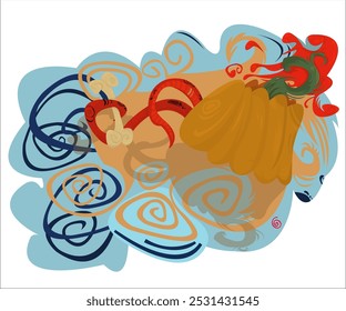 A funky, fantasy creature, hiding behind a Halloween pumkin; vintage, dark, creepy background.  This cartoon illustration can be used for scary Halloween parties, creative groups. Vector, isolated.