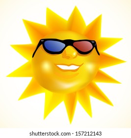 Funky fashionable sun wearing 3d spectacles. Vector