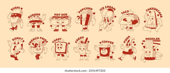 Funky fast food characters set. Different fastfood in groovy style have fun. Happy mascots of sushi, pizza, burger, noodle, hot dog, drinks on stickers. Flat isolated outline vector illustrations