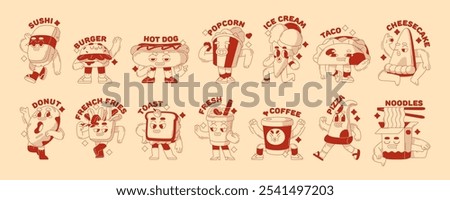 Funky fast food characters set. Different fastfood in groovy style have fun. Happy mascots of sushi, pizza, burger, noodle, hot dog, drinks on stickers. Flat isolated outline vector illustrations