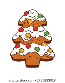 Galleta de pan de jengibre de abeto funky con decoraciones de glaseado de color. Groovy galleta de Navidades de Vector para vacaciones de invierno y fiesta de Navidad. Comida de Vector divertida para niños y Santa con ambiente retro de los años 70
