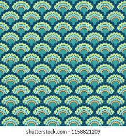 Funky fish scales squama background, vector seamless fabric pattern, tiled textile print. Traditional chinese squama scales seamless arc tiles texture. Reptile skin pattern.
