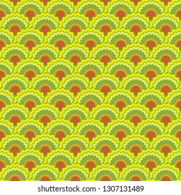 Funky fish scales squama background, vector seamless fabric pattern, tiled textile print. Vintage japanese squama scales seamless arc tiles graphics. Wallpaper pattern.