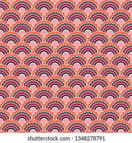 Funky fish scales squama background, vector seamless fabric pattern, tiled textile print. Vintage japanese squama scales seamless arc tiles motif. Wrapping paper pattern.