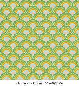Funky fish scales squama background, vector seamless fabric pattern, tiled textile print. Vintage chinese squama scales seamless arc tiles mosaic. Reptile skin pattern.