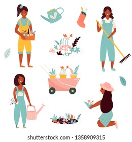 Funky flat people working in the garden. Vector illustration