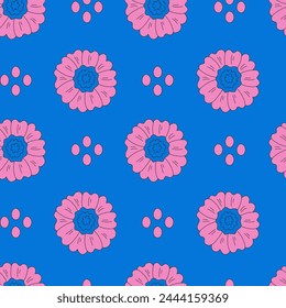 Funky Blumen nahtlose Muster mit Doodle Blüten und Punkte. Sommer Hand gezeichnet Blumenhintergrund mit rosa Calendula auf weißem Hintergrund. 