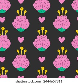 Funky flores sin patrón con estambres y corazones. Diseño retro moderno. Fondo floral dibujado a mano de Antiguas con flores rosas. Repetir Ilustración vectorial