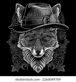 A funky fox wearing sunglasses and a hat exudes confidence and style. With a mischievous grin, this fox is ready to take on the world with flair