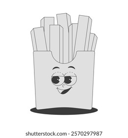 Funky french fries character in box in trendy retro groovy style. Psychedelic fast food mascot with face. Cool vector sticker in black monochrome palette