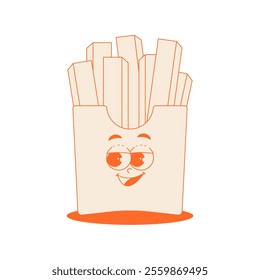 Funky french fries character in red box in trendy retro groovy style. Psychedelic fast food mascot with face. Cool vector sticker in monochrome palette