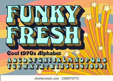 A funky and fresh alphabet font design in the style of groovy 1970s lettering; background contains shooting stars in a cartoon style.