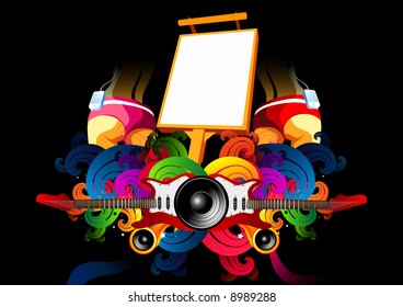 A funky and fresh background design with music elements and girls dancing.
