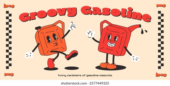 Funky Fuel Friends: Gasoline Mascot Art. Retro Pump Party: Groovy Gas Can Mascots. Petrol station, gasoline, fuel cartoon character