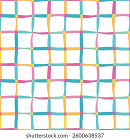 Funky fun colorful grid check wavy lines on white background, seamless repeating vector pattern tile