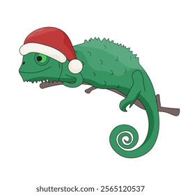 Funky fun Salamander in Santa hat isolated white background. Minimal style Christmas concept template design. Flat minimal Salamander on the branch. Vector illustration for greeting brochure design 