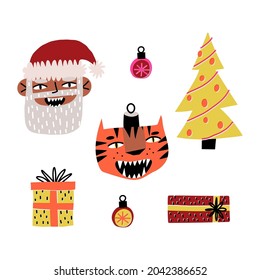 Funky and funny Christmas, New Year collection. Bright Christmas tree, presents, baubles, happy Santa Claus and a symbol of 2022 year, the tiger. Vector hand-drawn isolated illustration.