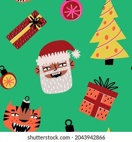 Funky and funny Christmas, New Year seamless pattern. Bright Christmas tree, presents, baubles, happy Santa Claus and a symbol of 2022 year, the tiger on green background. Vector repeat illustration.