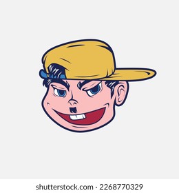 Funky funny man wear cap vector logo. Isolated white background for t-shirt, poster, clothing, merch, apparel, badge design