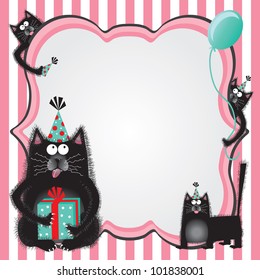 Funky and fuzzy kitty cats wearing party hats and holding gifts welcome you to a birthday party with copy space.