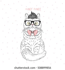 funky geek cat, hand drawn fashion animal illustration