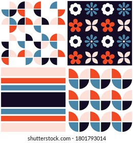 Funky geometric mid-century modern vector seamless pattern collection of four, retro textile, fabric prints designs. Scandinavian style ornament with flowers and abstract shapes, pop ornament

