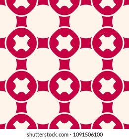 Funky geometric seamless pattern with crosses, circles, mesh, grid, repeat tiles. Abstract vector red and beige background. Stylish modern texture. Design for decoration, prints, fabric, textile, wrap