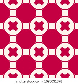 Funky geometric seamless pattern with crosses, circles, mesh, grid, repeat tiles. Abstract vector red and beige background. Stylish modern texture. Design for decor, fabric, cloth, carpet, wrapping