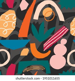 Las formas geométricas funky cortan el patrón transparente del collage en el vector. Resumen floral tropical y geometría.