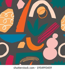 Funky geometric shapes cut out collage seamless pattern in vector. Abstract floral tropical and geometry.