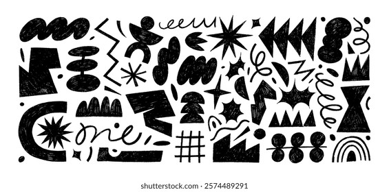 Funky geometric shapes, squiggles and figures drawn by colorful crayon. Hand drawn kid's cute abstract stickers, forms, rough lines. Doodle contemporary primitive and naive geometric elements.