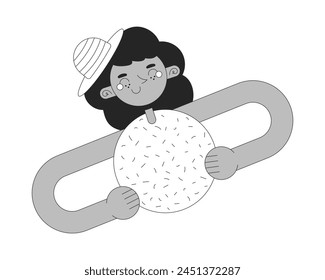 Funky geometric woman black and white 2D line cartoon character. Hands on hips girl candy isolated vector outline personage. African american confident female monochromatic flat spot illustration