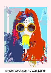 Funky girl with colorful hair and sunglasses eating ice cream. Retro pop art culture background 