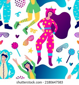 Funky girl funny pajama home music party seamless vector pattern. Cartoon costume character