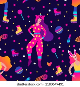 Funky girl funny pajama home music party seamless vector pattern. Cartoon costume character