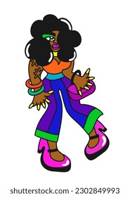 Funky girl. Young black lady in bright stylish outfit. Vector isolated illustration. Retro woman.